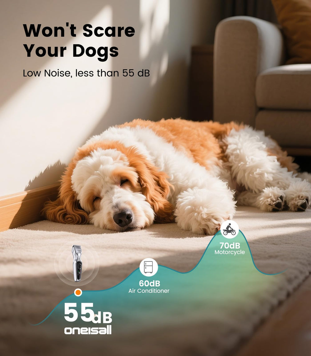 Oneisall dog clippers low-noise operation keeps pets calm during grooming.