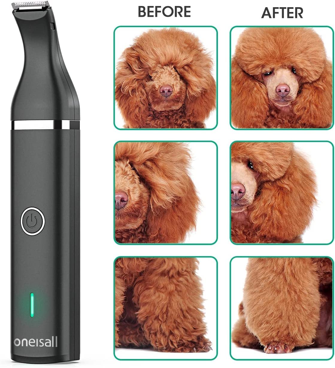oneisall dog clippers package includes blades brush and USB cable.