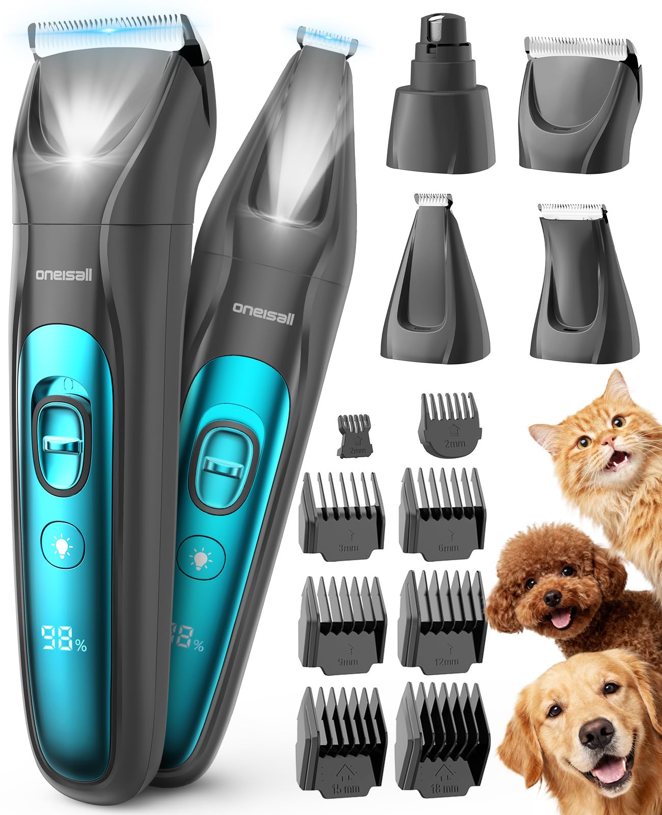 Oneisall dog grooming kit overview shows an all-in-one home grooming solution.