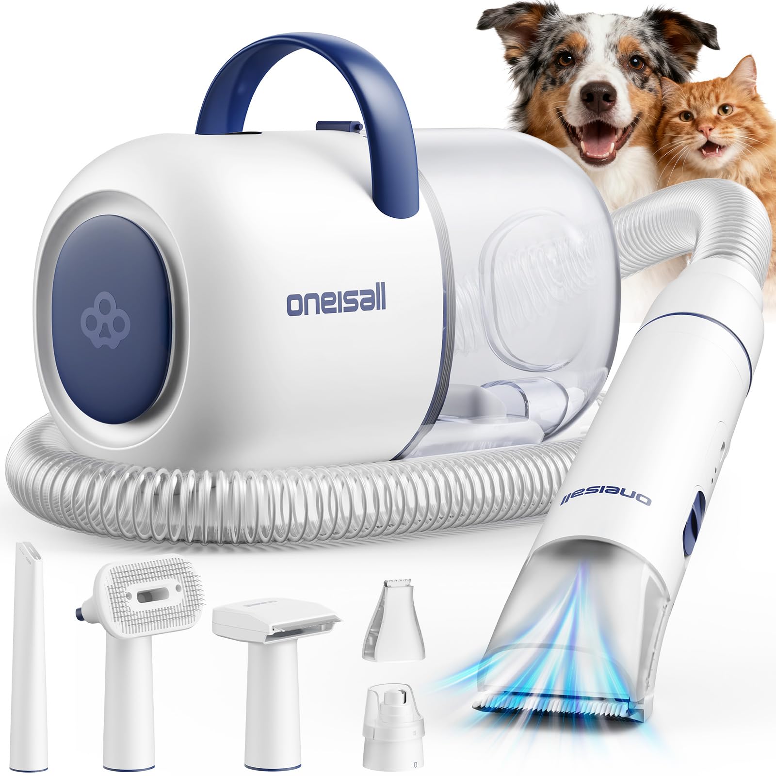 oneisall dog grooming vacuum 6in1-kit delivers efficient fur capture during home grooming sessions.