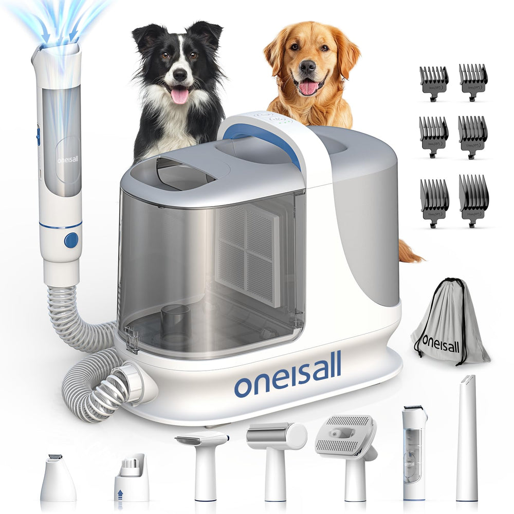 oneisall dog grooming vacuum captures loose hair into the dust container during grooming.