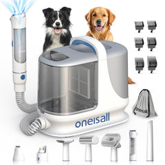 oneisall dog grooming vacuum captures loose hair into the dust container during grooming.