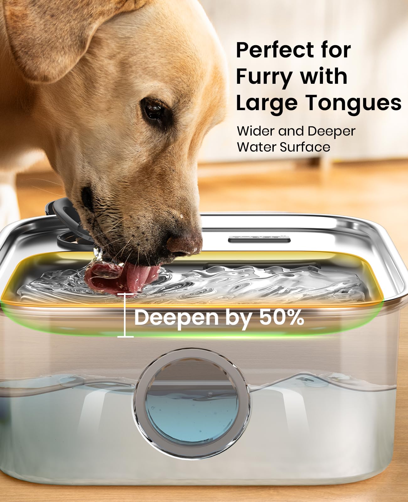 Oneisall dog water fountain wider deeper tray accommodates big breeds' drinking needs.
