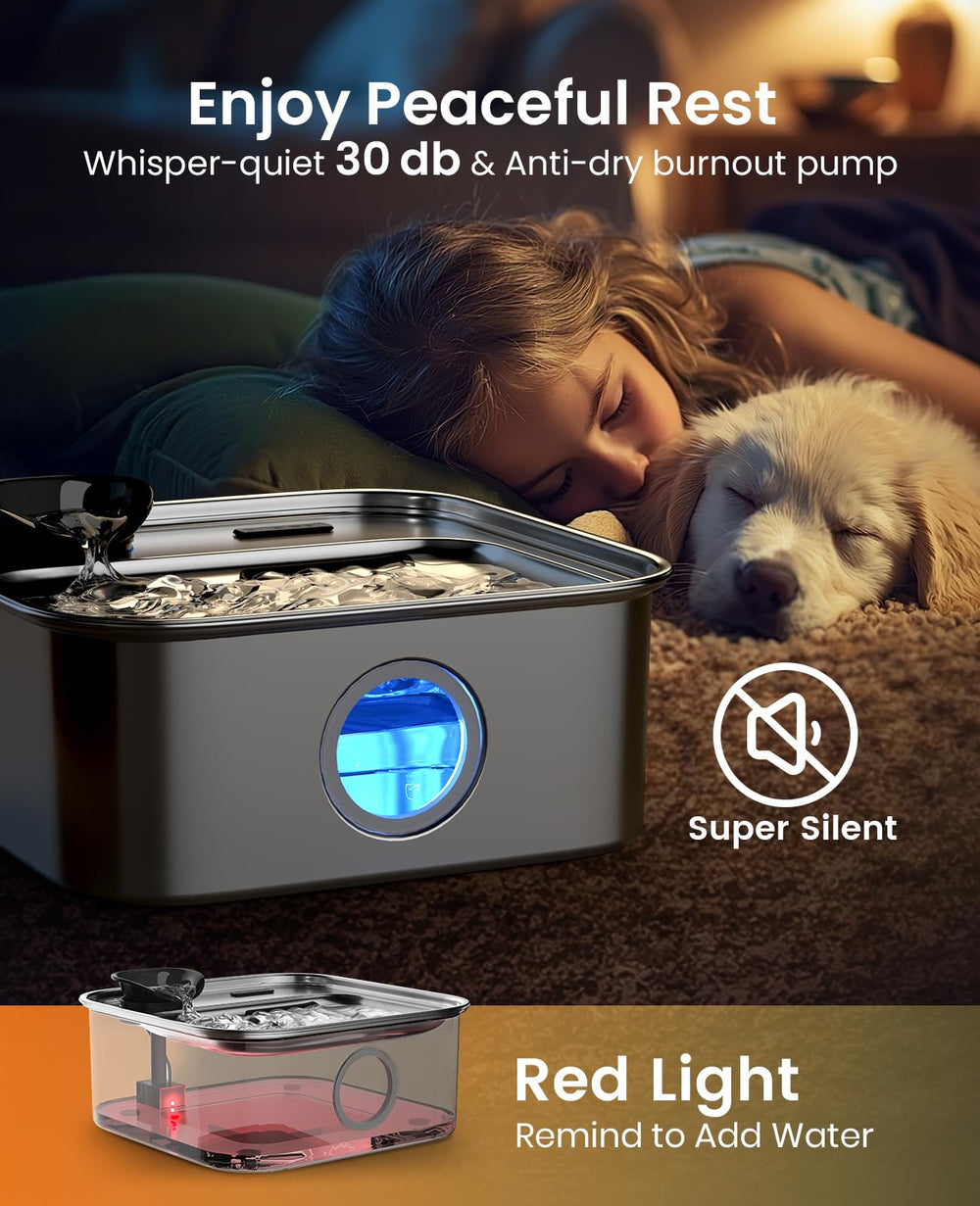Oneisall dog water fountain ultra-quiet pump keeps noise to a minimum.