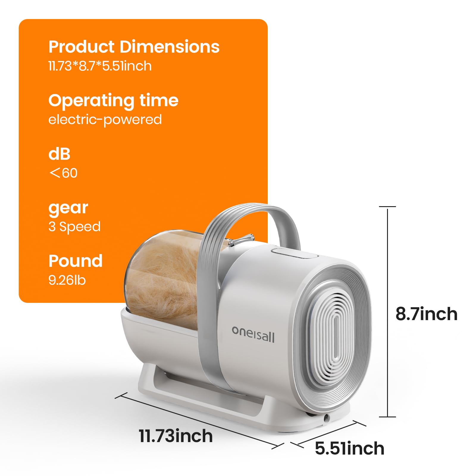 oneisall low-noise 60db design promotes calm grooming sessions