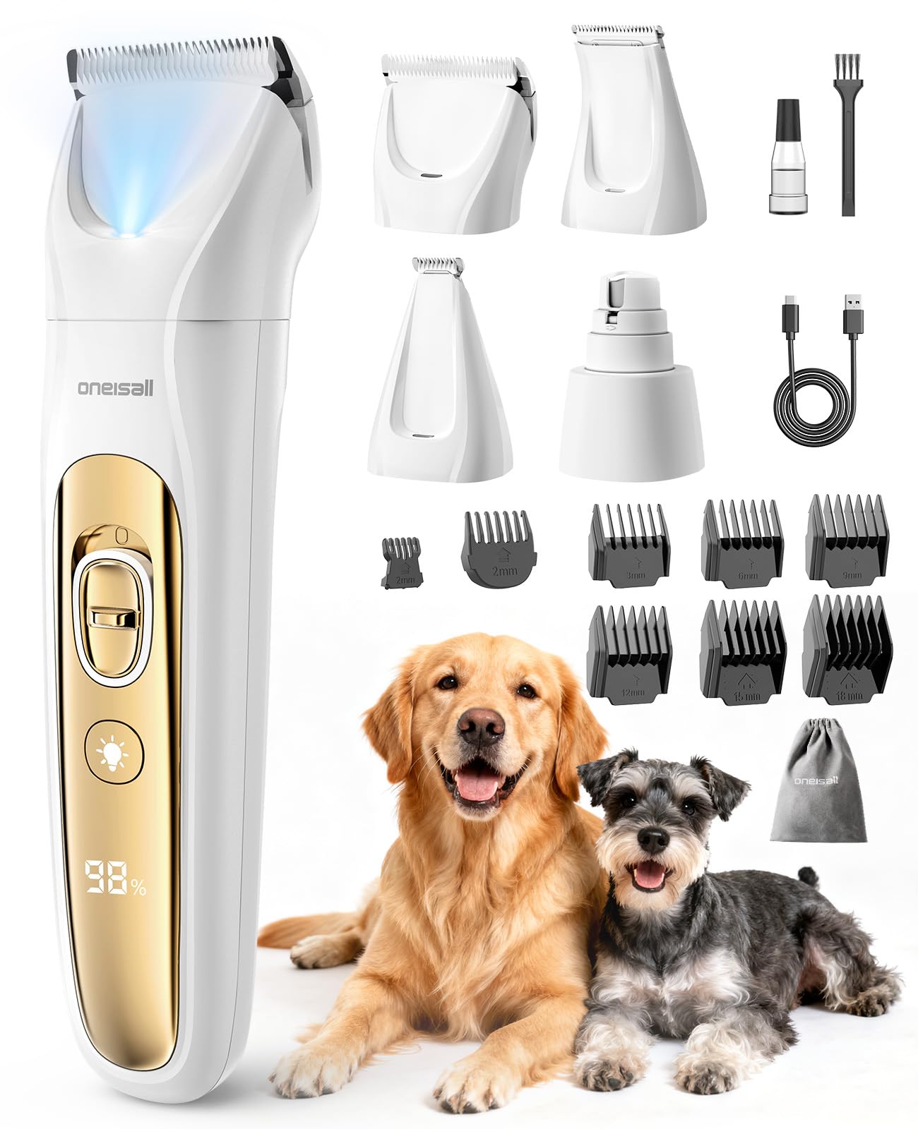 Oneisall Quiet Dog Grooming Kit front view showing compact home-use design.