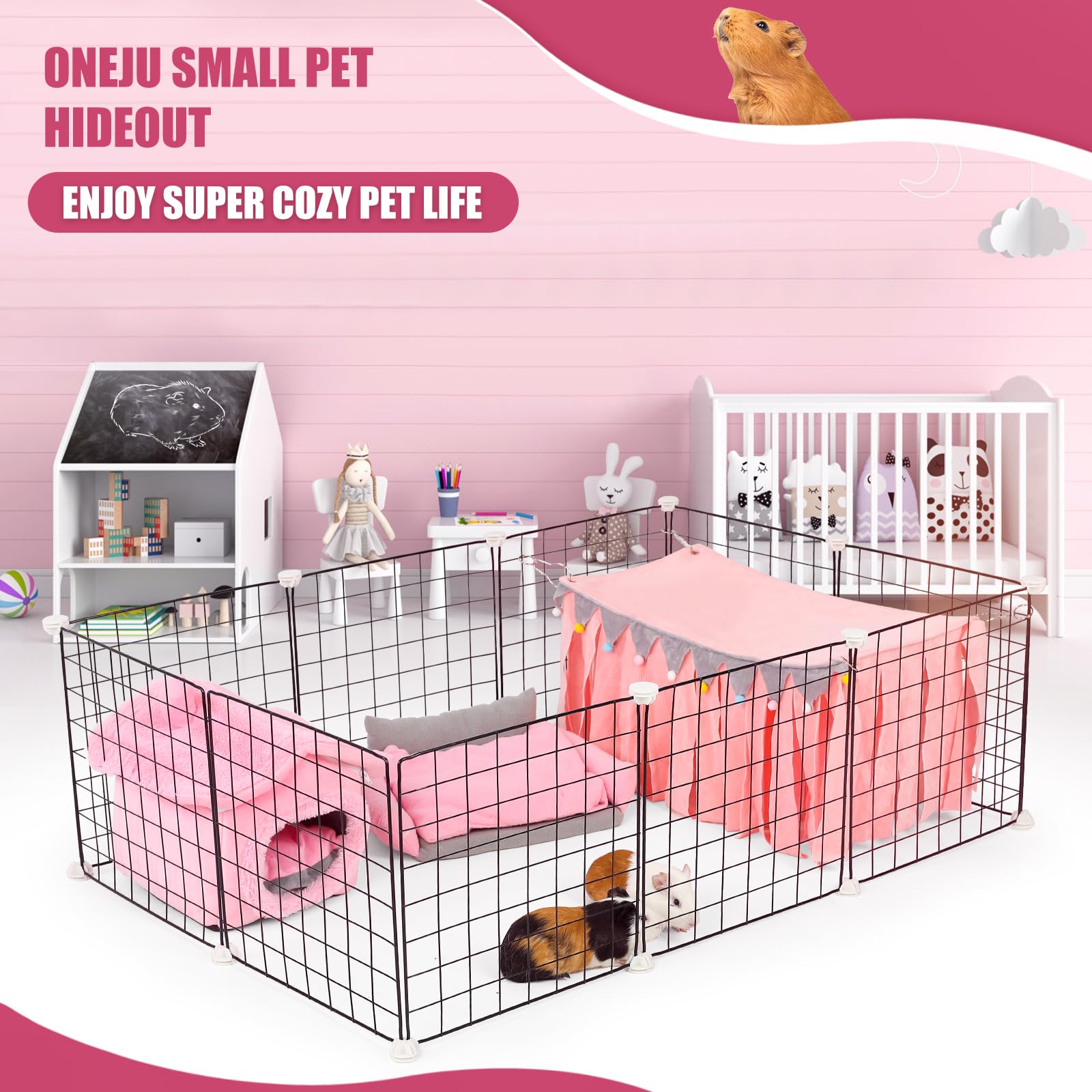 ONEJU Guinea Pig Hideout includes hooks for easy setup and hanging.