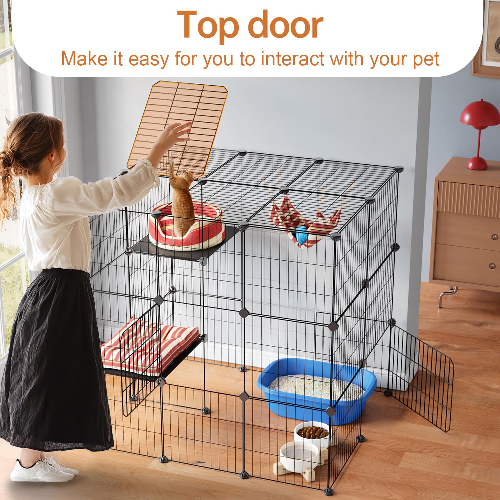 Oneluck 3-Tier Cat Catio doors entrance highlights easy entry for feeding and interaction.