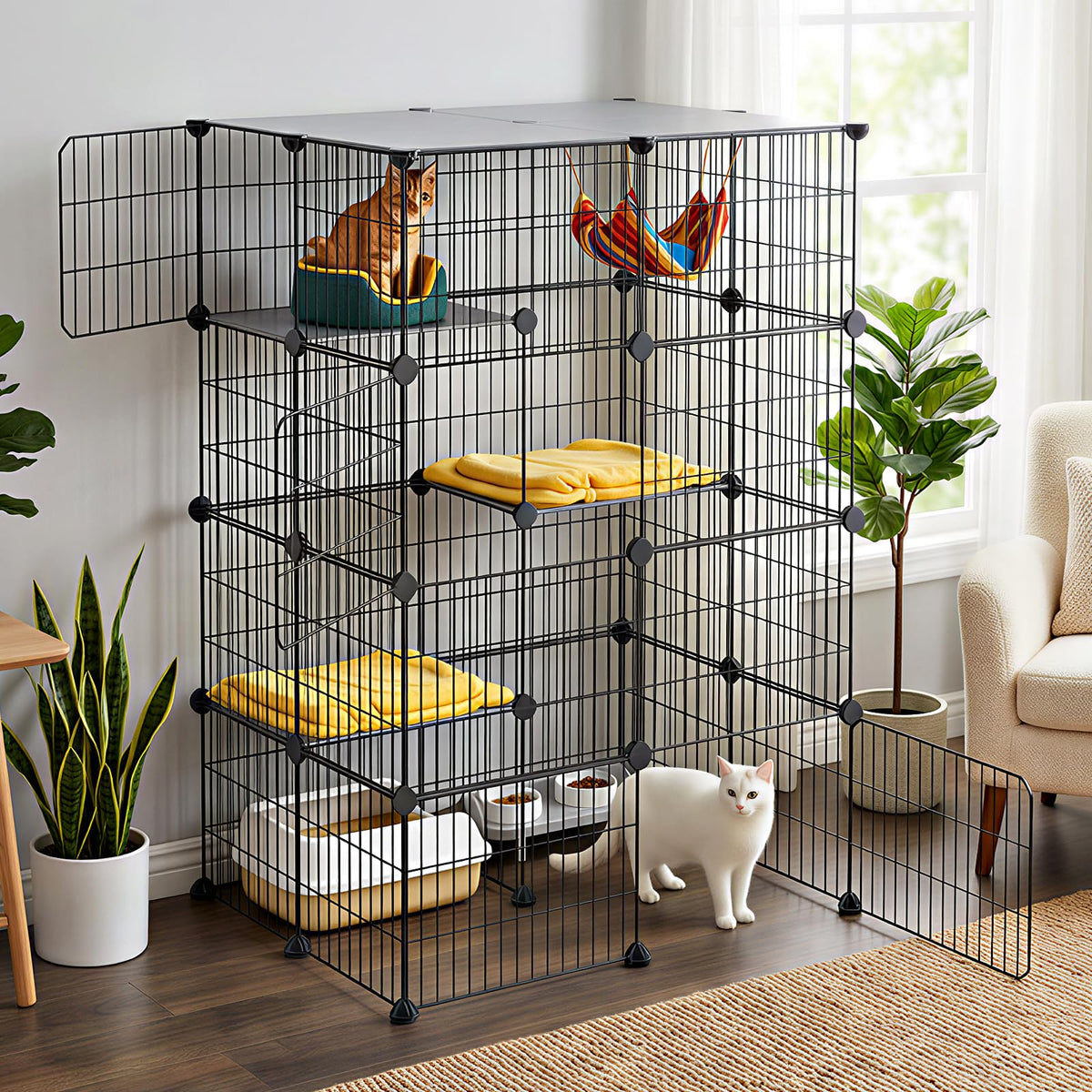 Oneluck 4-Tier Cat Playpen shows easy assembly for space to play