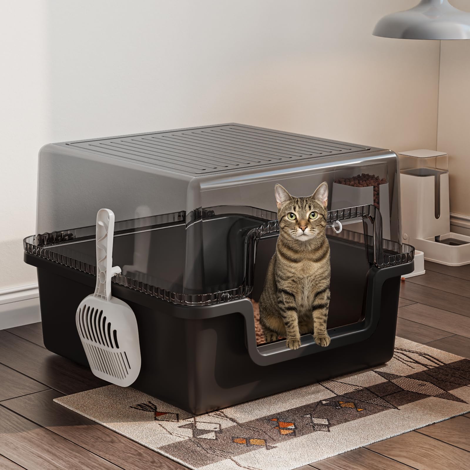 Oneluck covered cat litter box XL see-through lid provides privacy with easy monitoring.