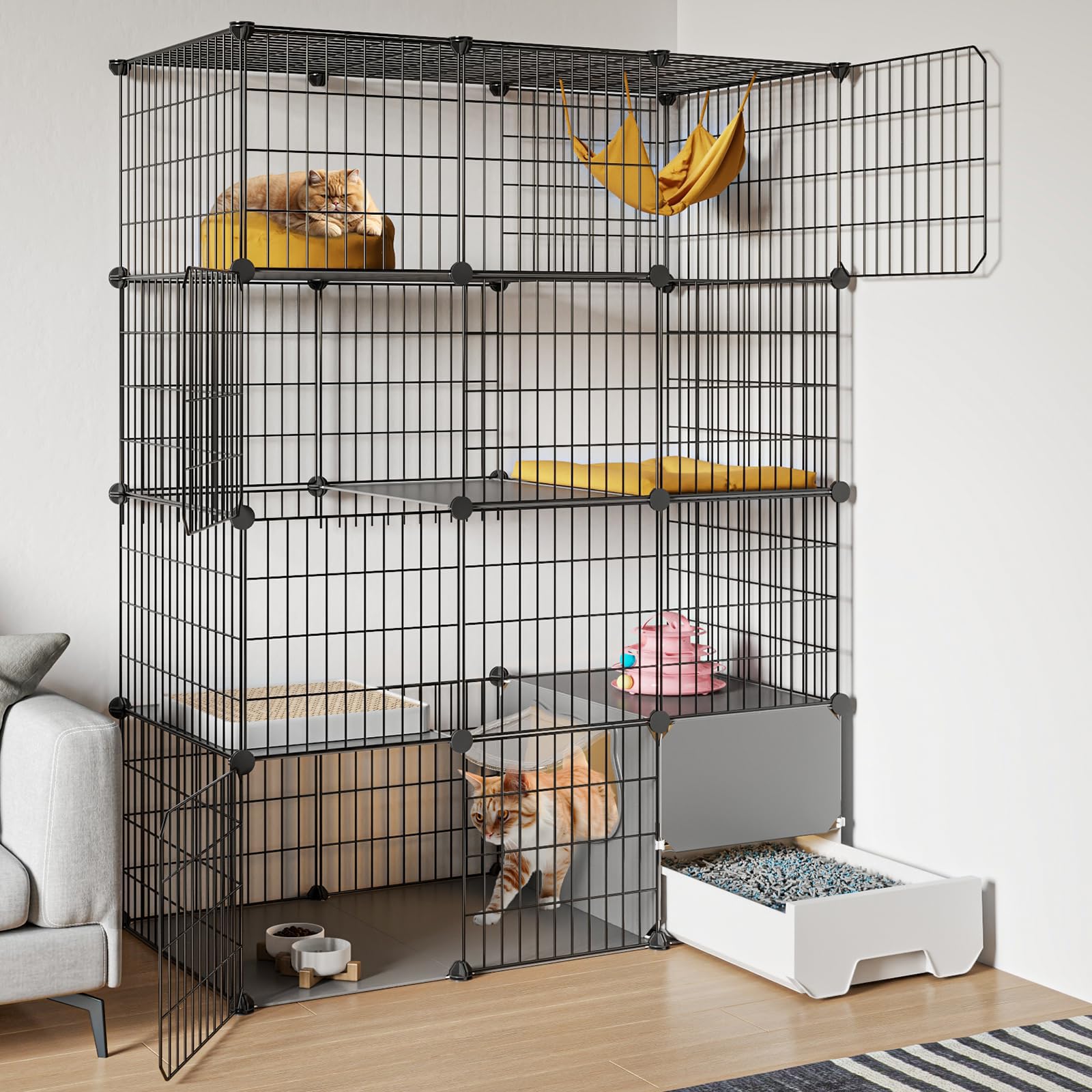 Oneluck large cat cage with litter box area for tidy cleanup