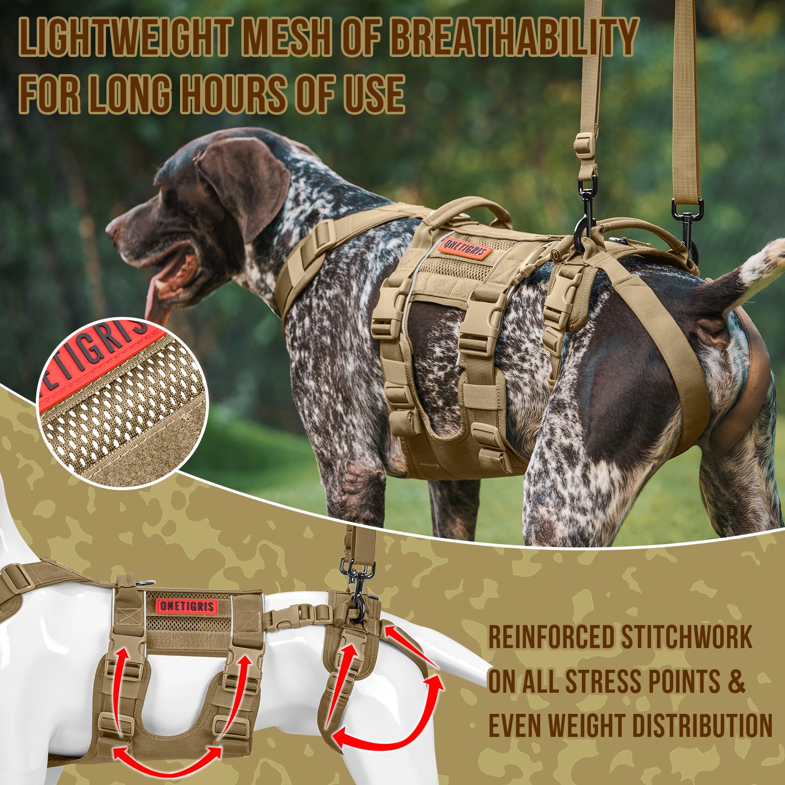 OneTigris breathable harness side view shows mesh for airflow and comfort