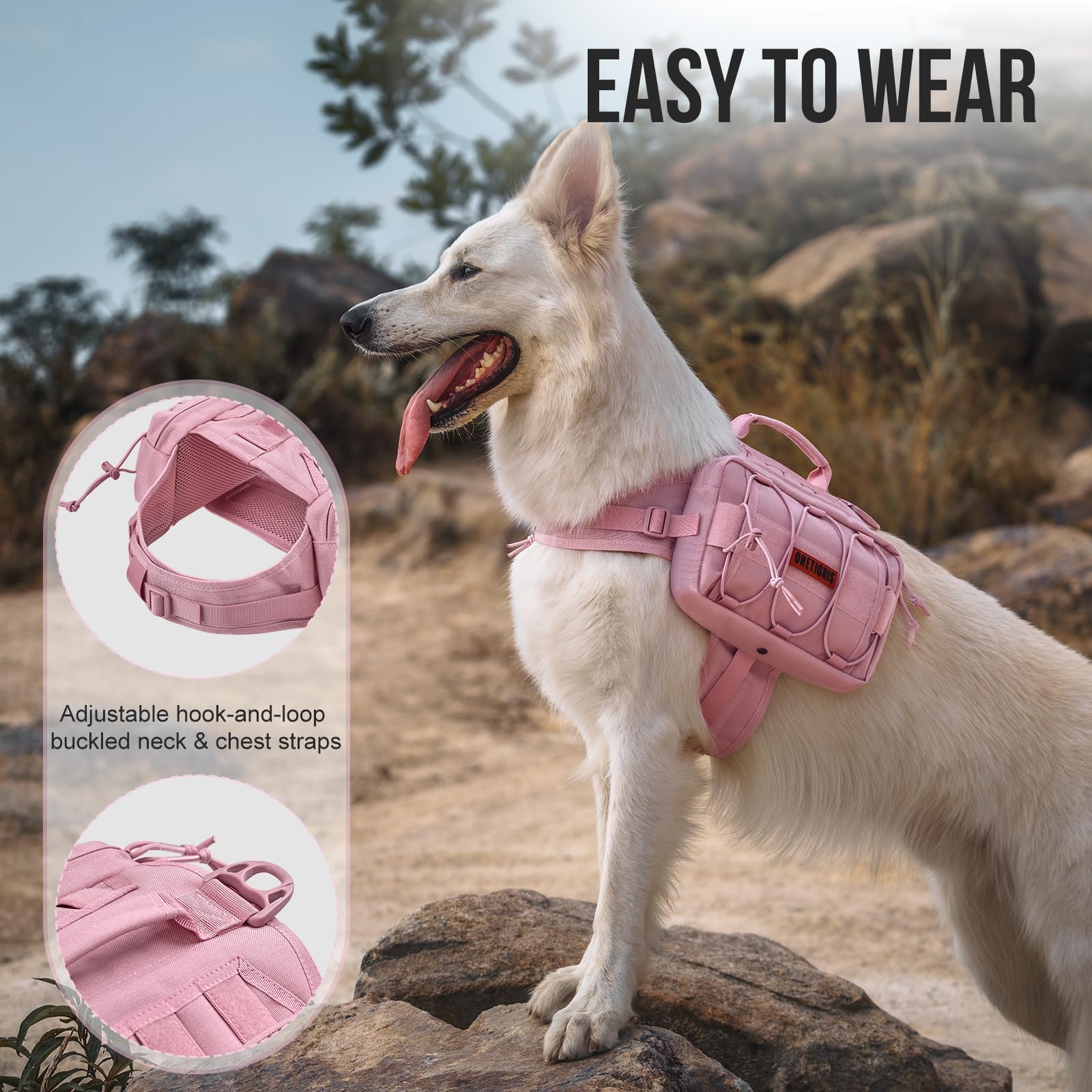OneTigris pink dog harness with adjustable straps for secure fit.
