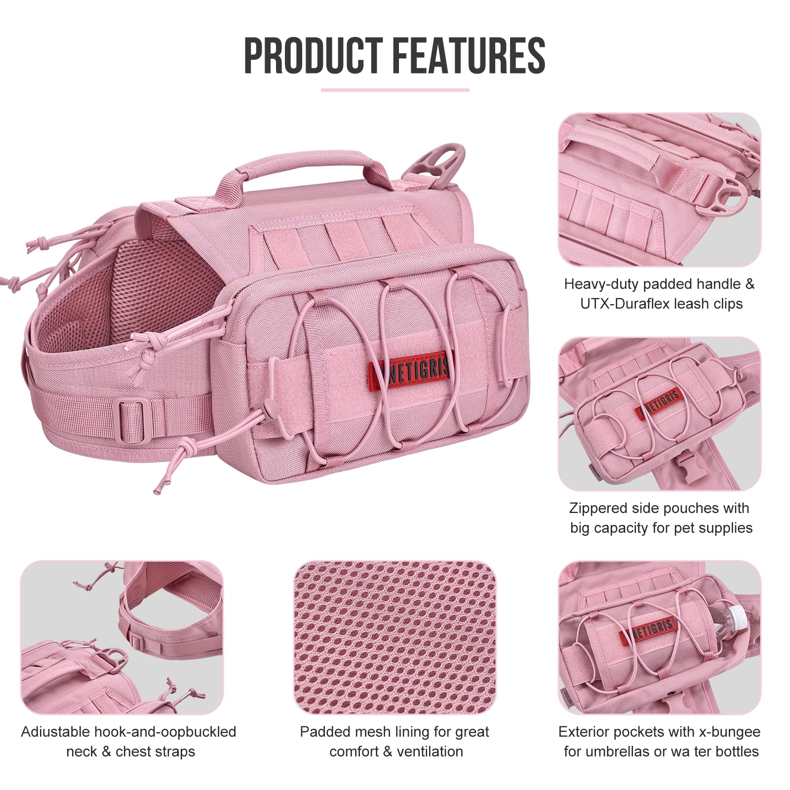 OneTigris dog backpack hidden zipper design reduces hair snag during activity.