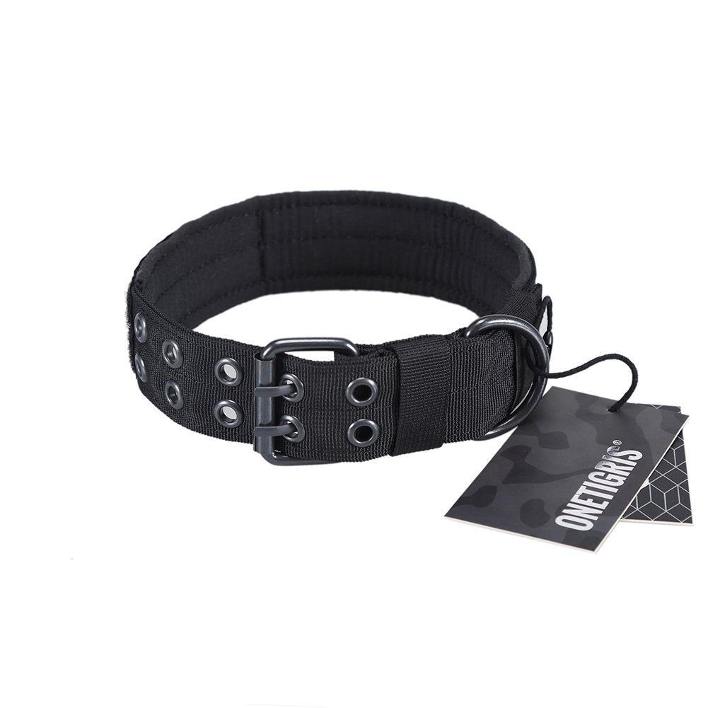 OneTigris dog collar in black with a sturdy metal D-ring for secure leash attachment.