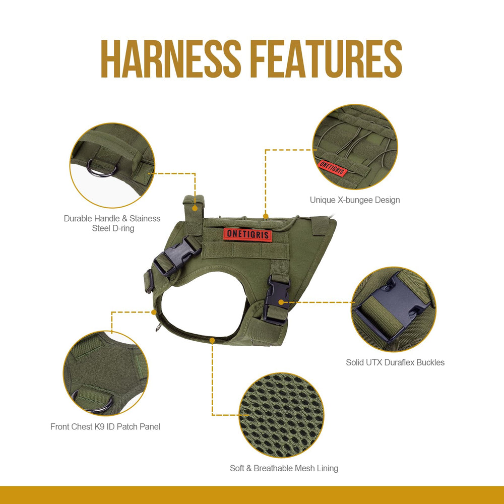 OneTigris dog harness Ranger Green small front leash-attachment for secure lead connection.