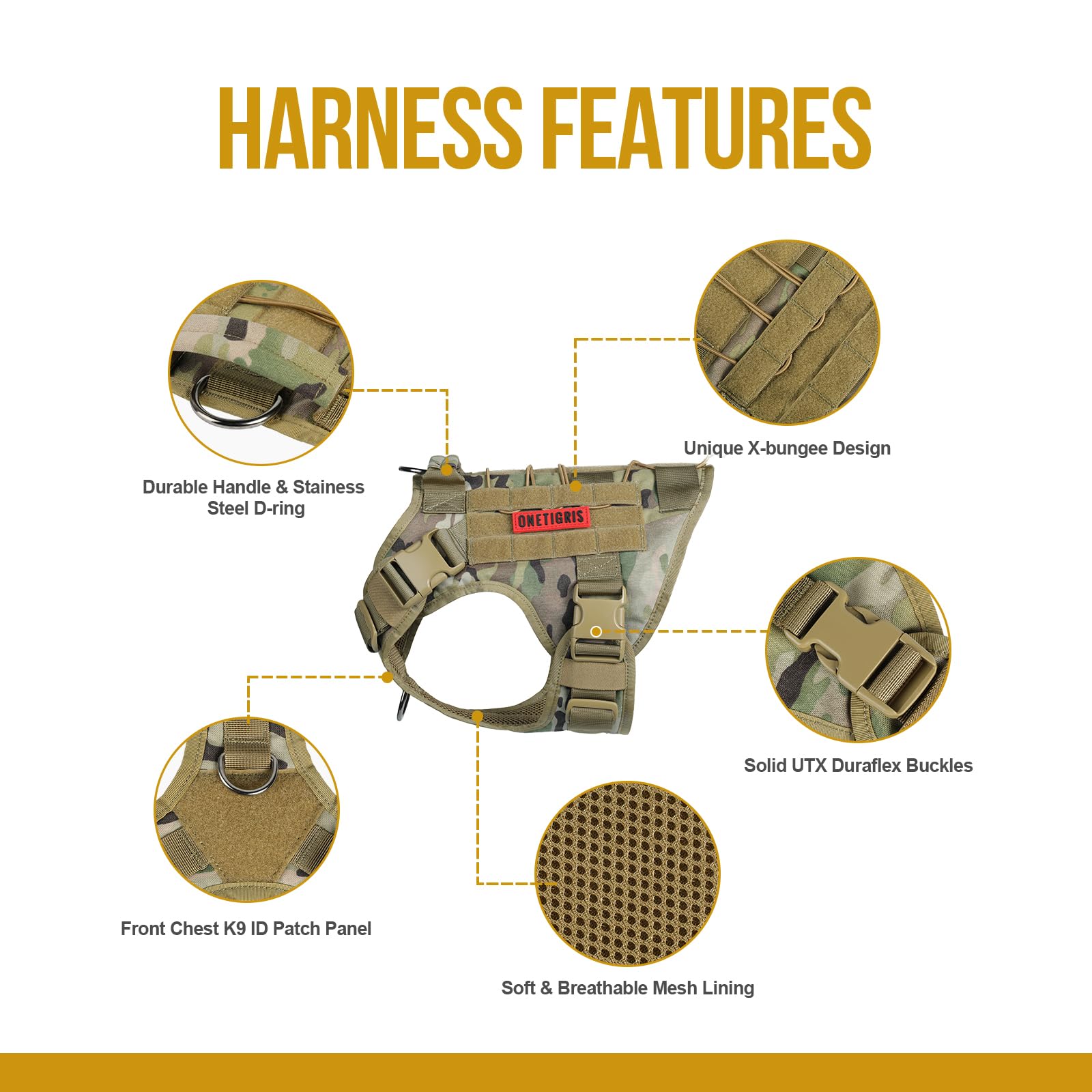OneTigris dog harness side straps illustrate military style for pouches and ID panels.
