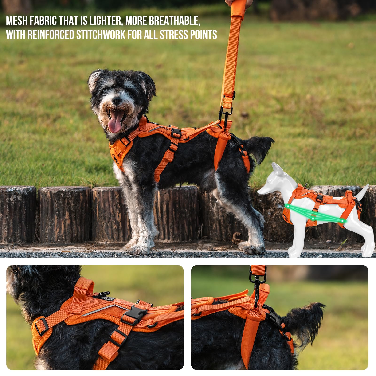 OneTigris Dog Lift Harness back-leg detail highlights padded support to reduce rubbing during use.