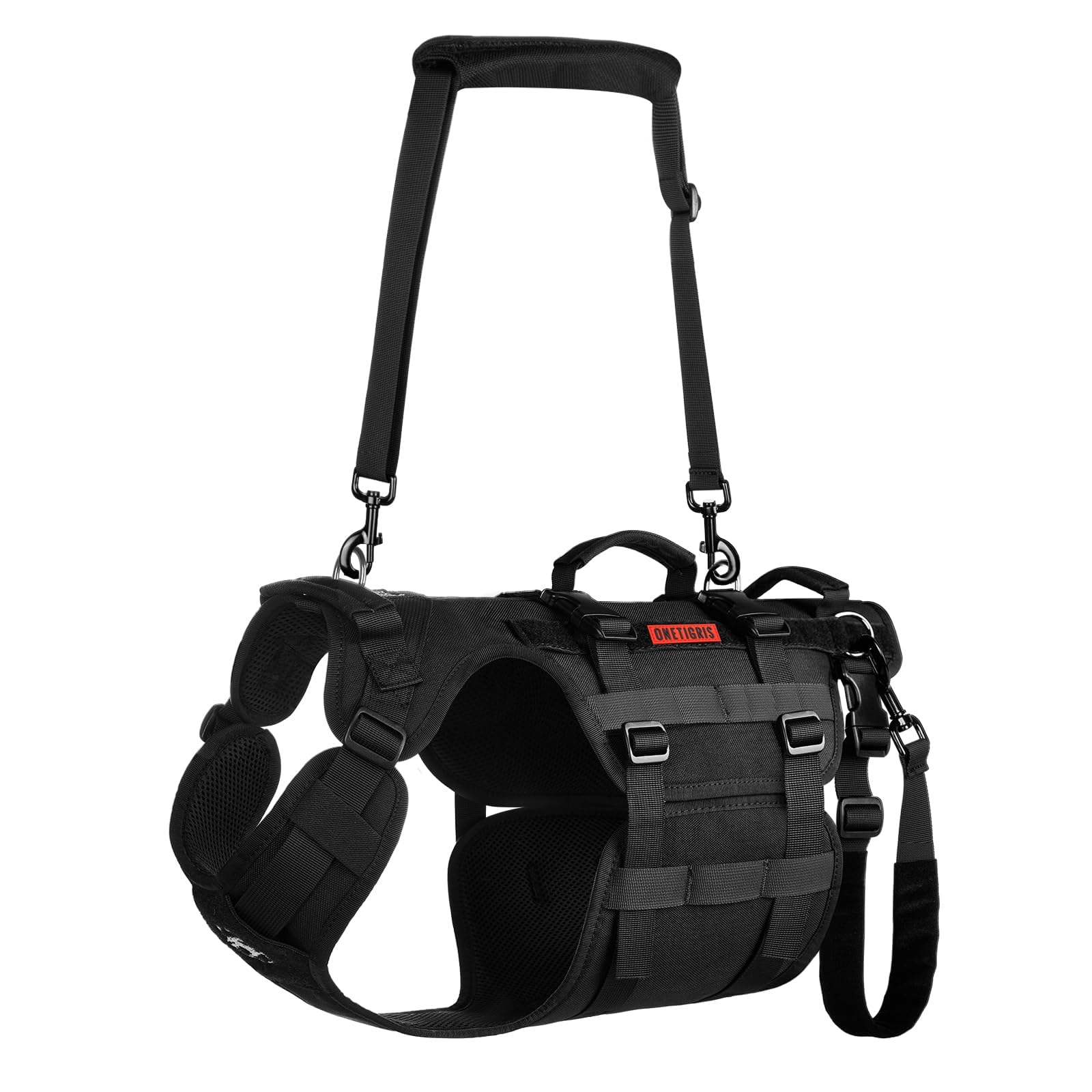 OneTigris dog lift harness front view with handles for easy lifting.