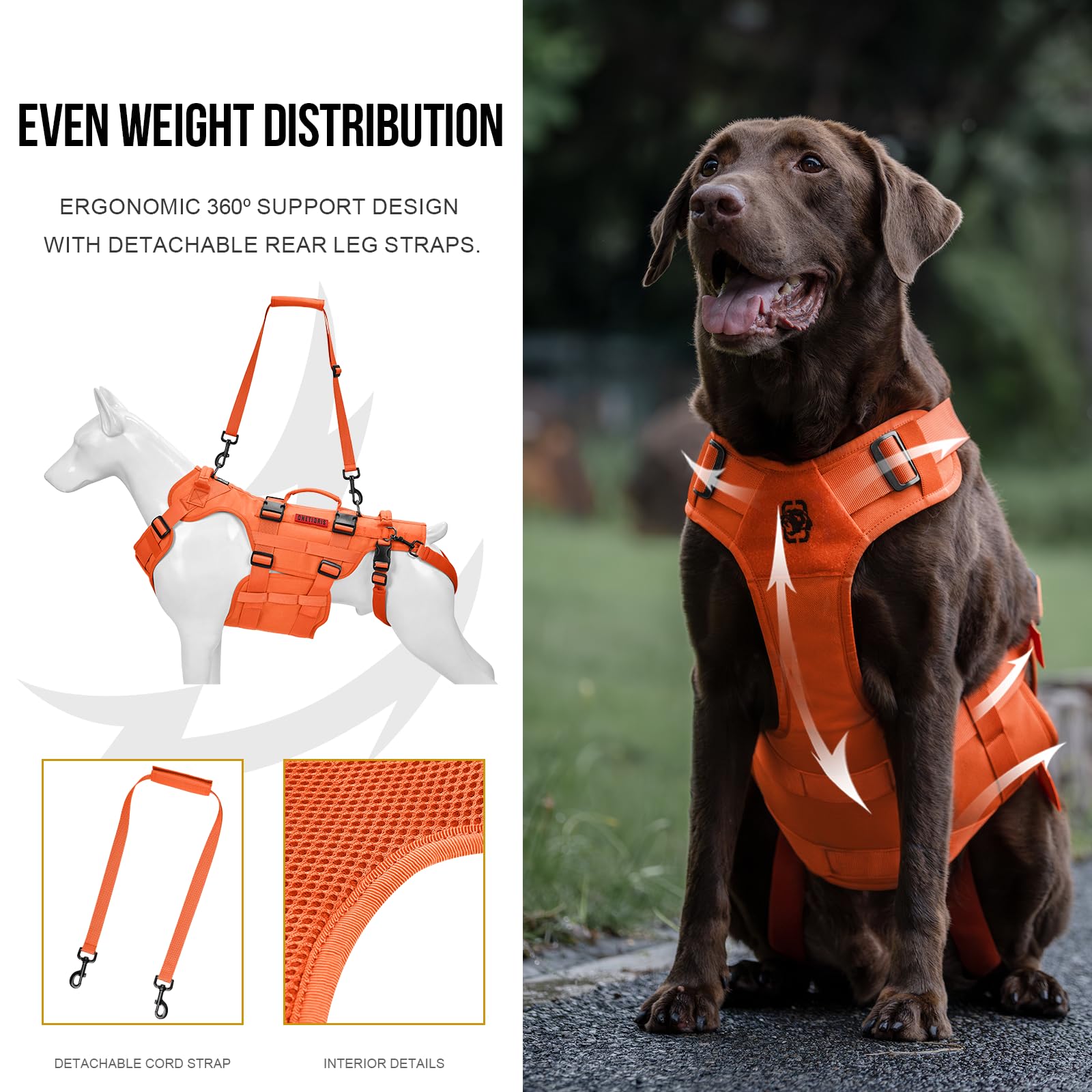 OneTigris Dog Lift Harness leg straps showing anti-chafe design during wear