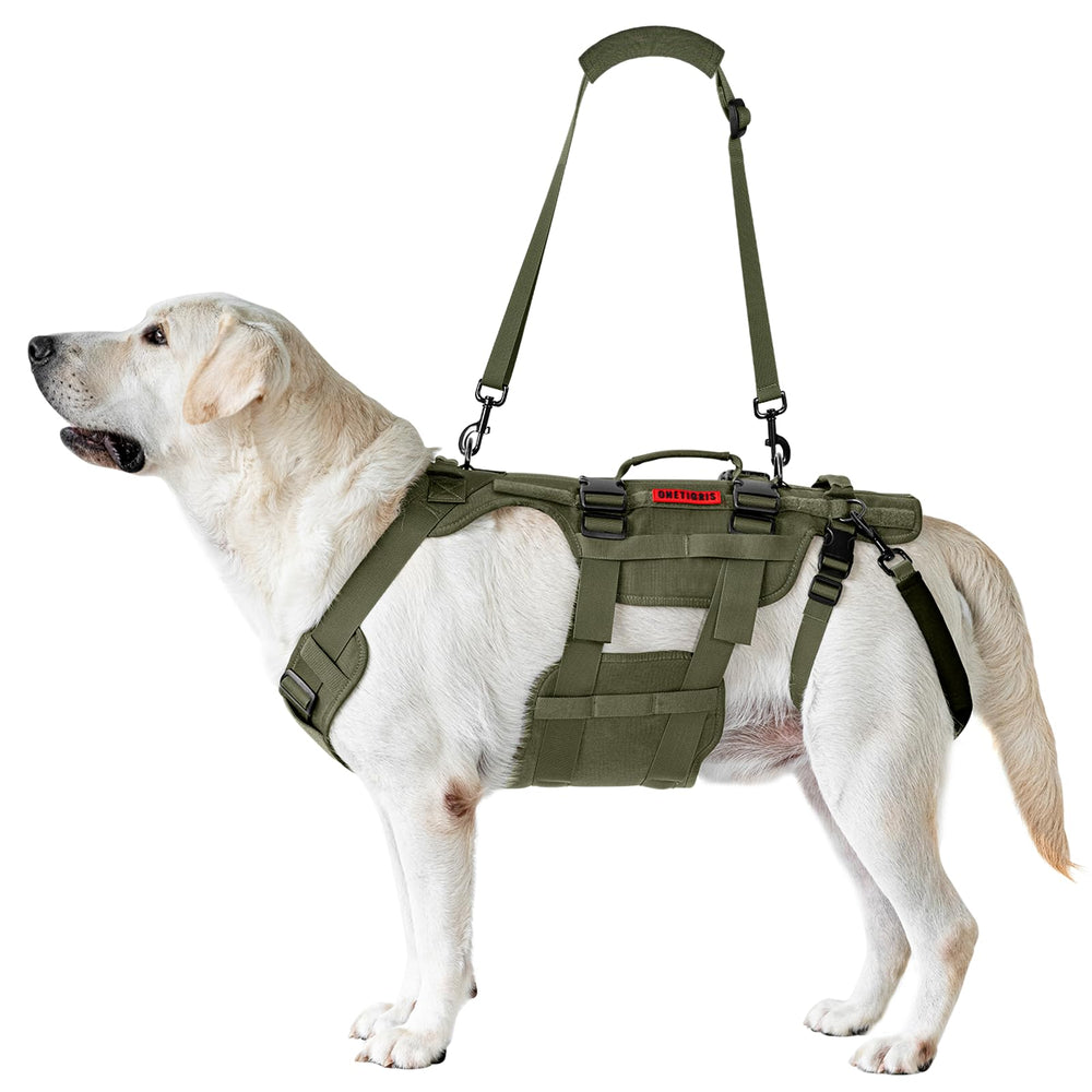 ONETIGRIS dog lift harness rear view shows detachable leg straps and comfort sleeves