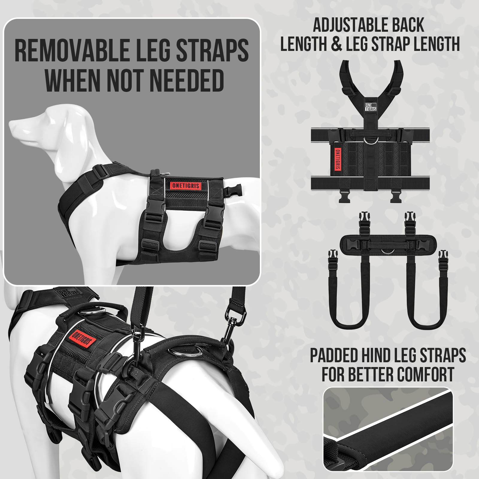 OneTigris harness with reflective trim improves nighttime visibility.