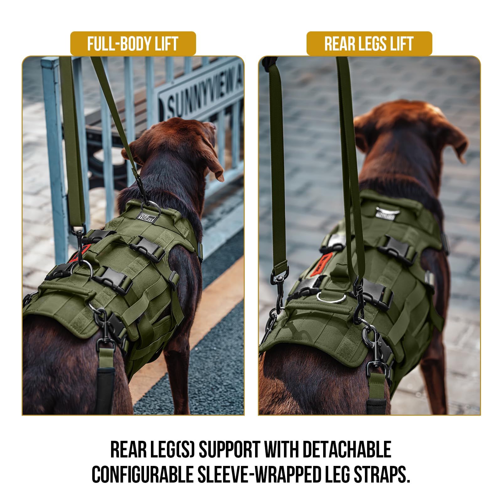 OneTigris dog lift harness side view shows ergonomic design and weight distribution