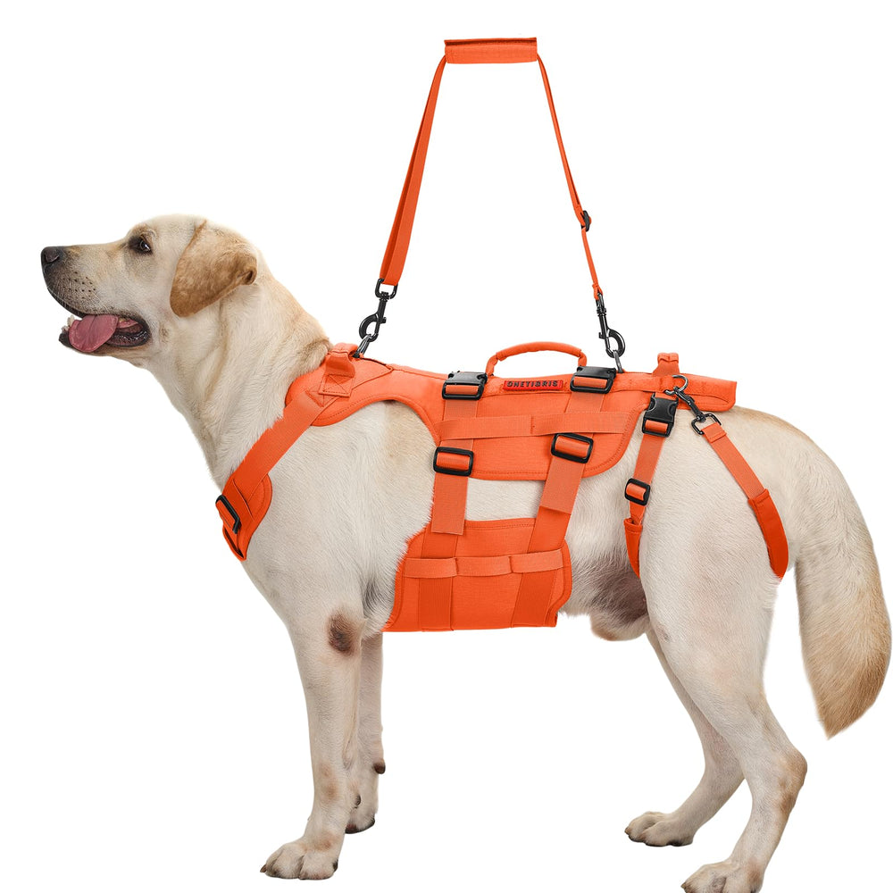OneTigris Dog Lift Harness size chart detailing fit ranges from S to XXL