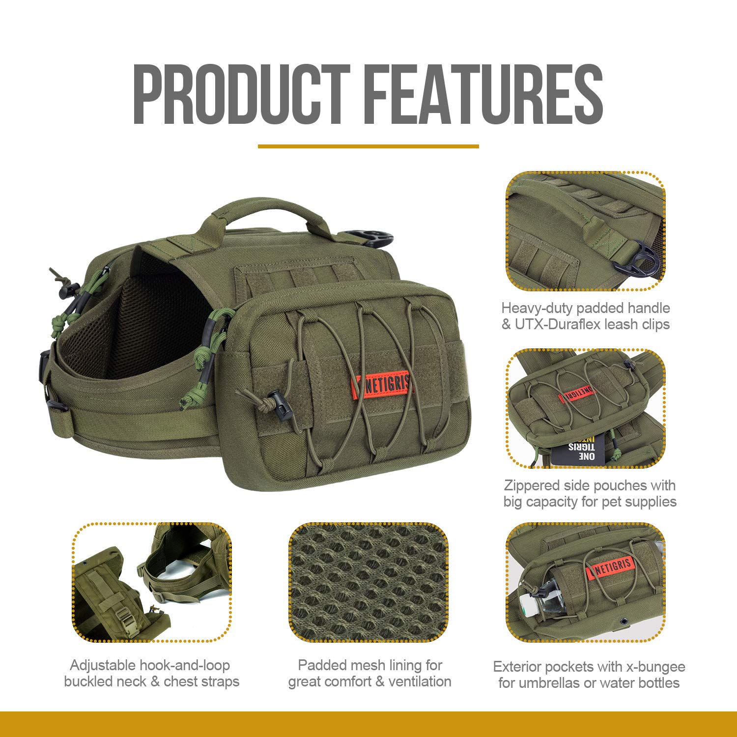 OneTigris Mammoth dog pack side pockets for water, treats, and gear during walks