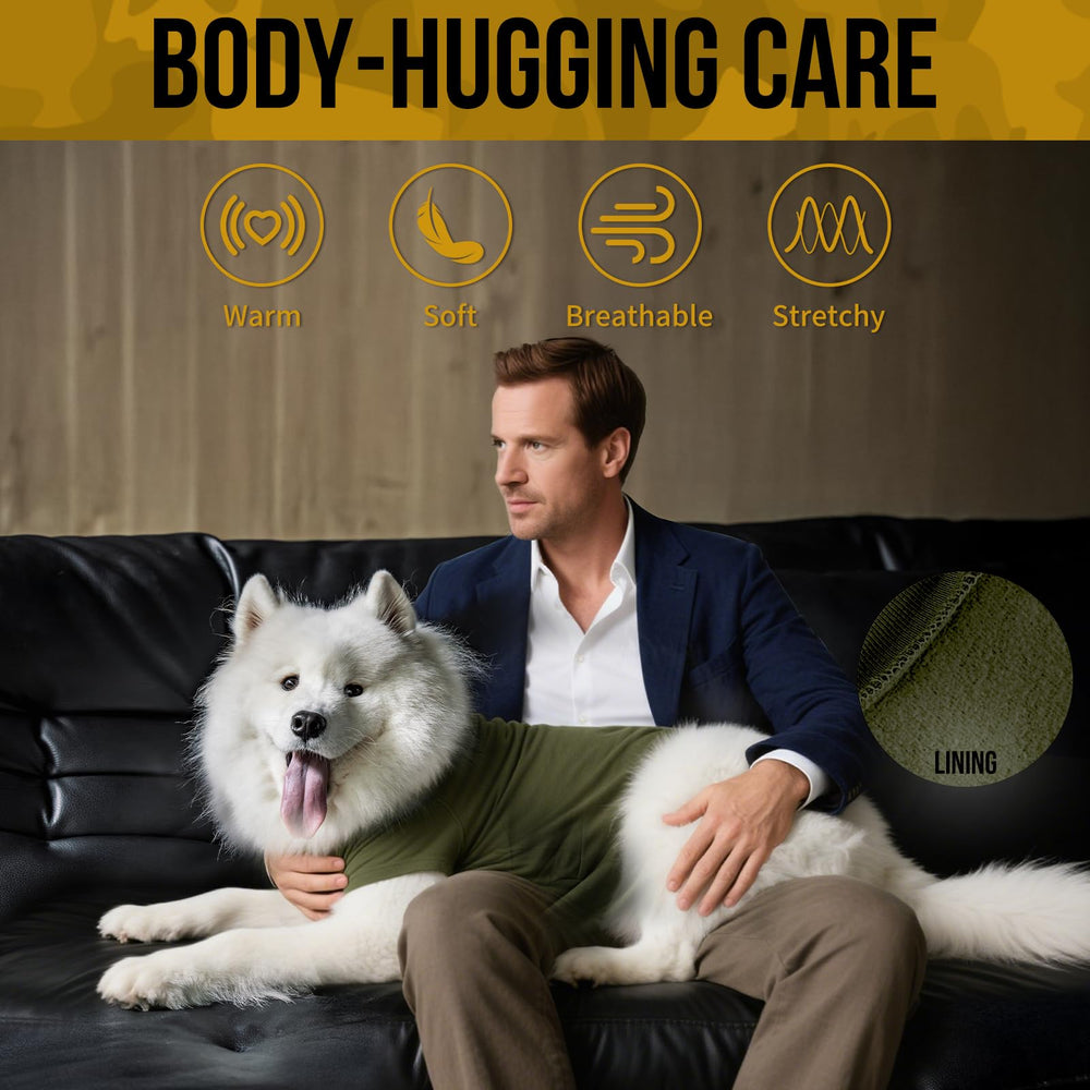 OneTigris dog pajamas worn on a dog highlighting full‑body coverage and comfort.