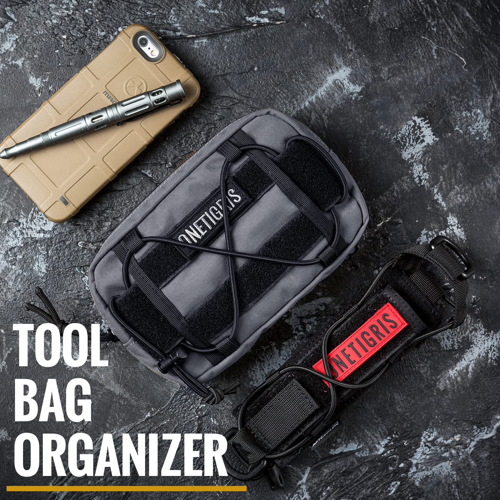 OneTigris horizontal MOLLE pouch grey secured to belt or vest for outdoor adventures.