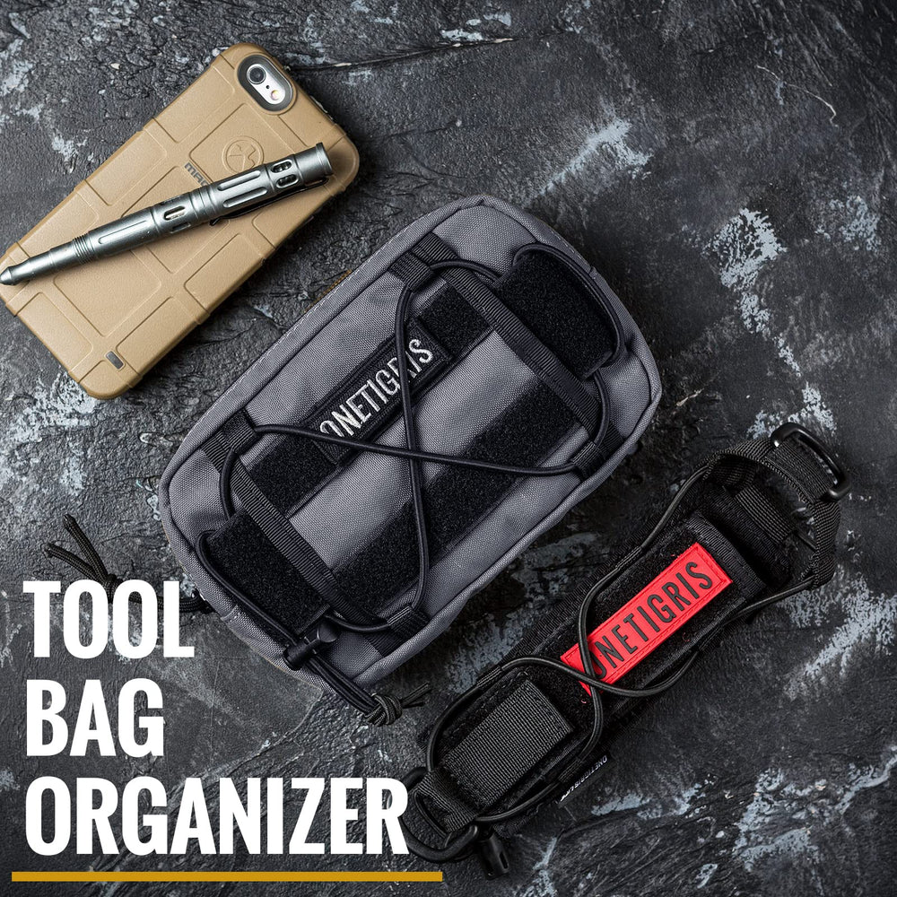 OneTigris horizontal MOLLE pouch grey secured to belt or vest for outdoor adventures.