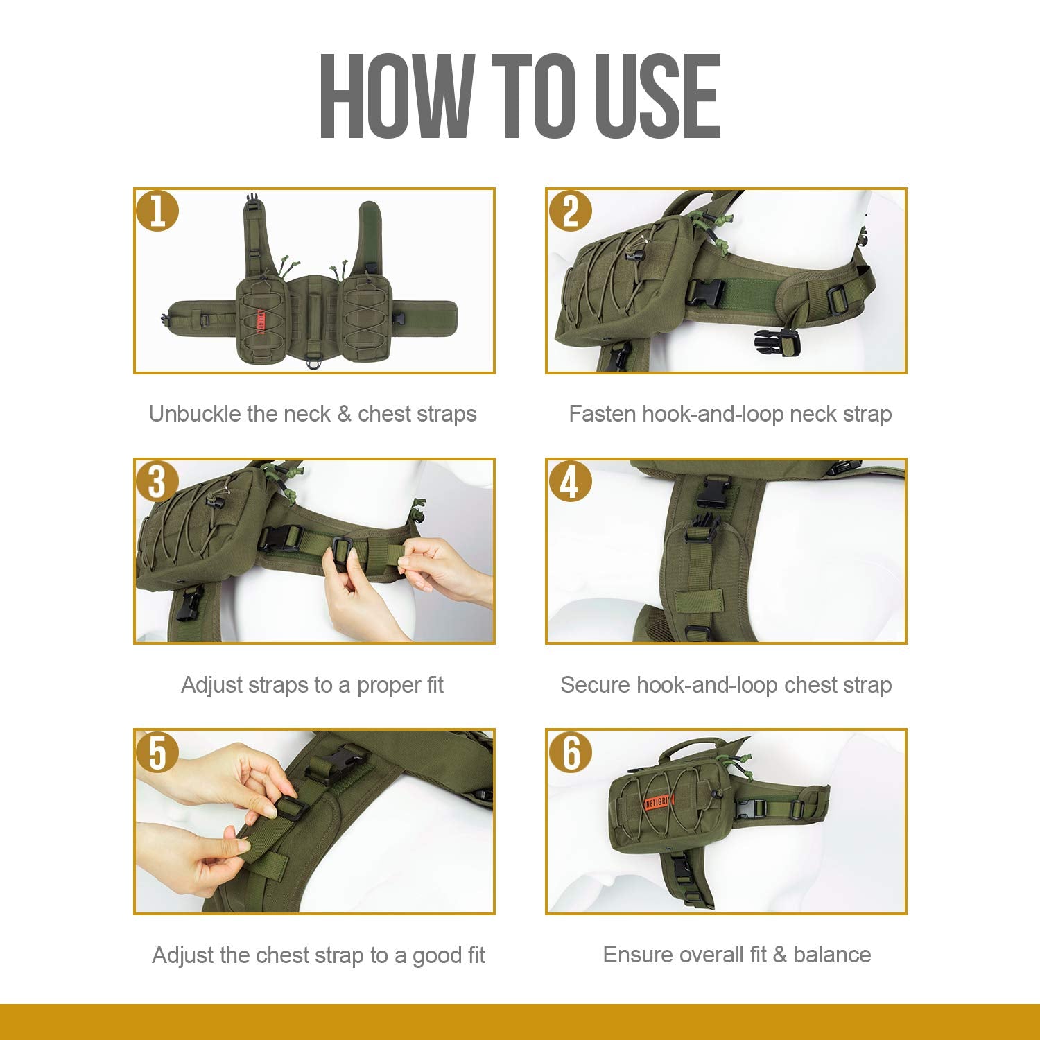 ONETIGRIS Mammoth dog pack back strap demonstrates secure, adjustable fit.