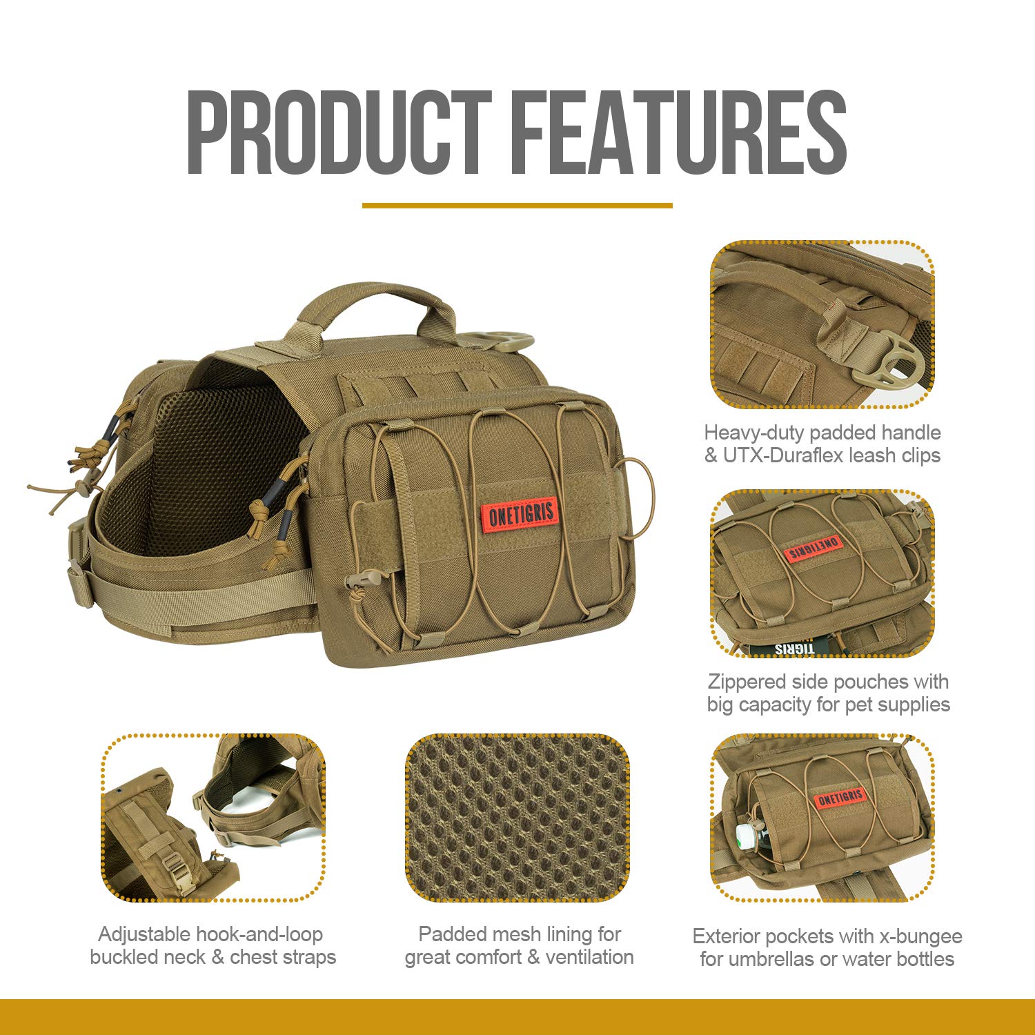 OneTigris Mammoth dog pack neck and chest straps offer adjustable, comfortable fit.