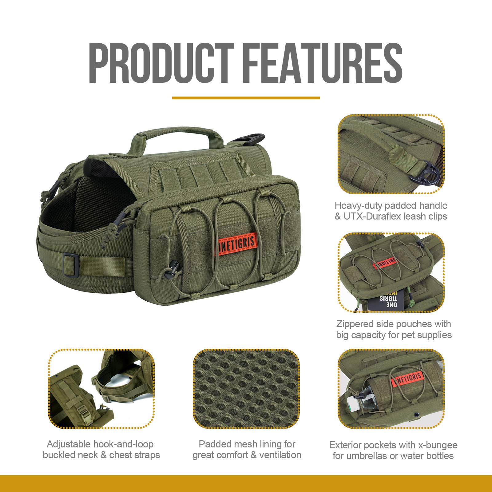 ONETIGRIS Mammoth dog pack side pockets highlight ample room for water and treats.