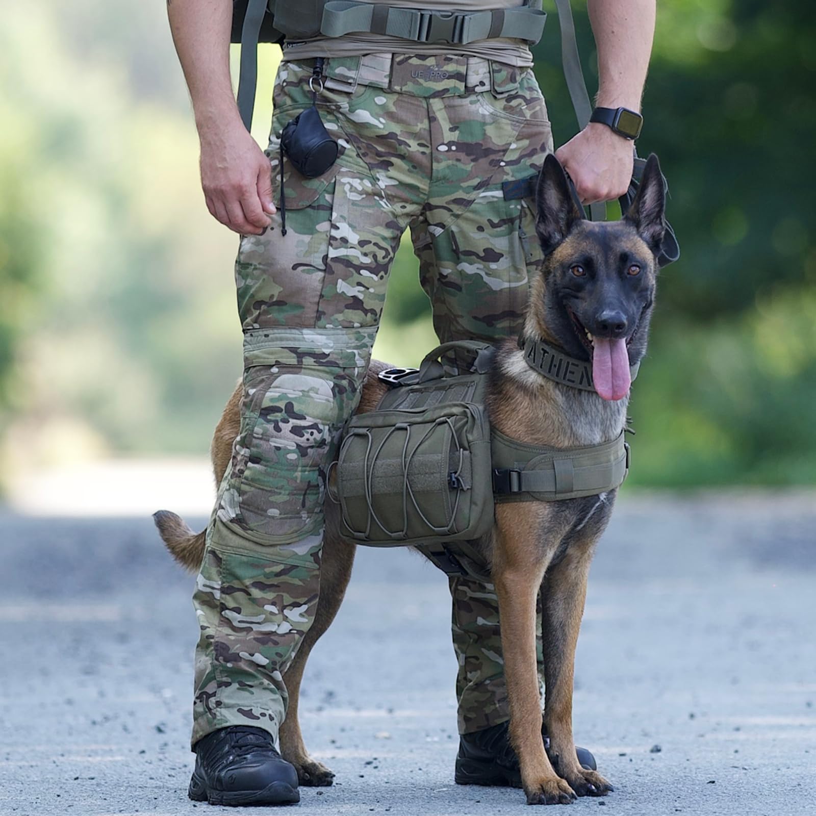 ONETIGRIS Mammoth dog pack umbrella pocket shows external carry option.