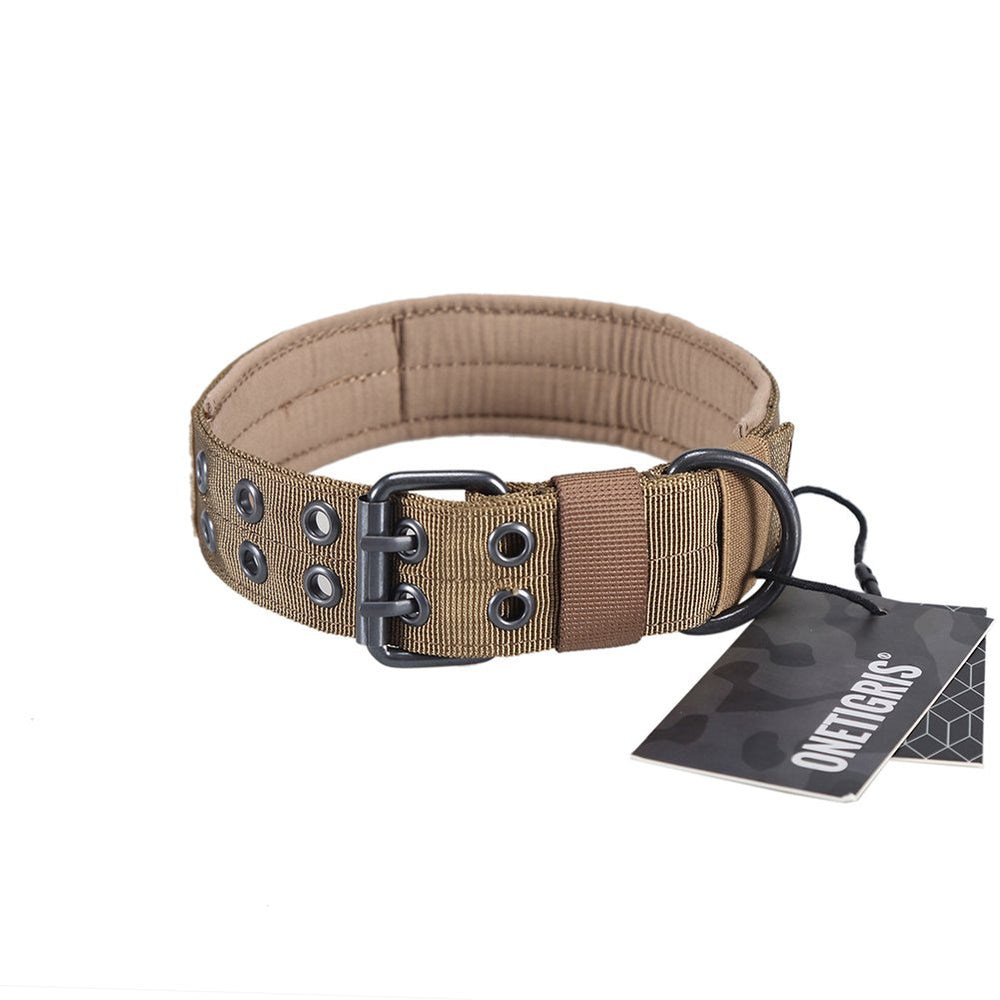 OneTigris military dog collar side view showing sturdy coyote brown strap for daily walks