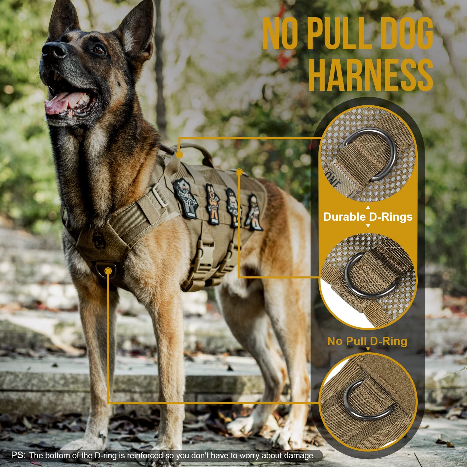 OneTigris No Pull Tactical Dog Harness front/back D-rings for leashes