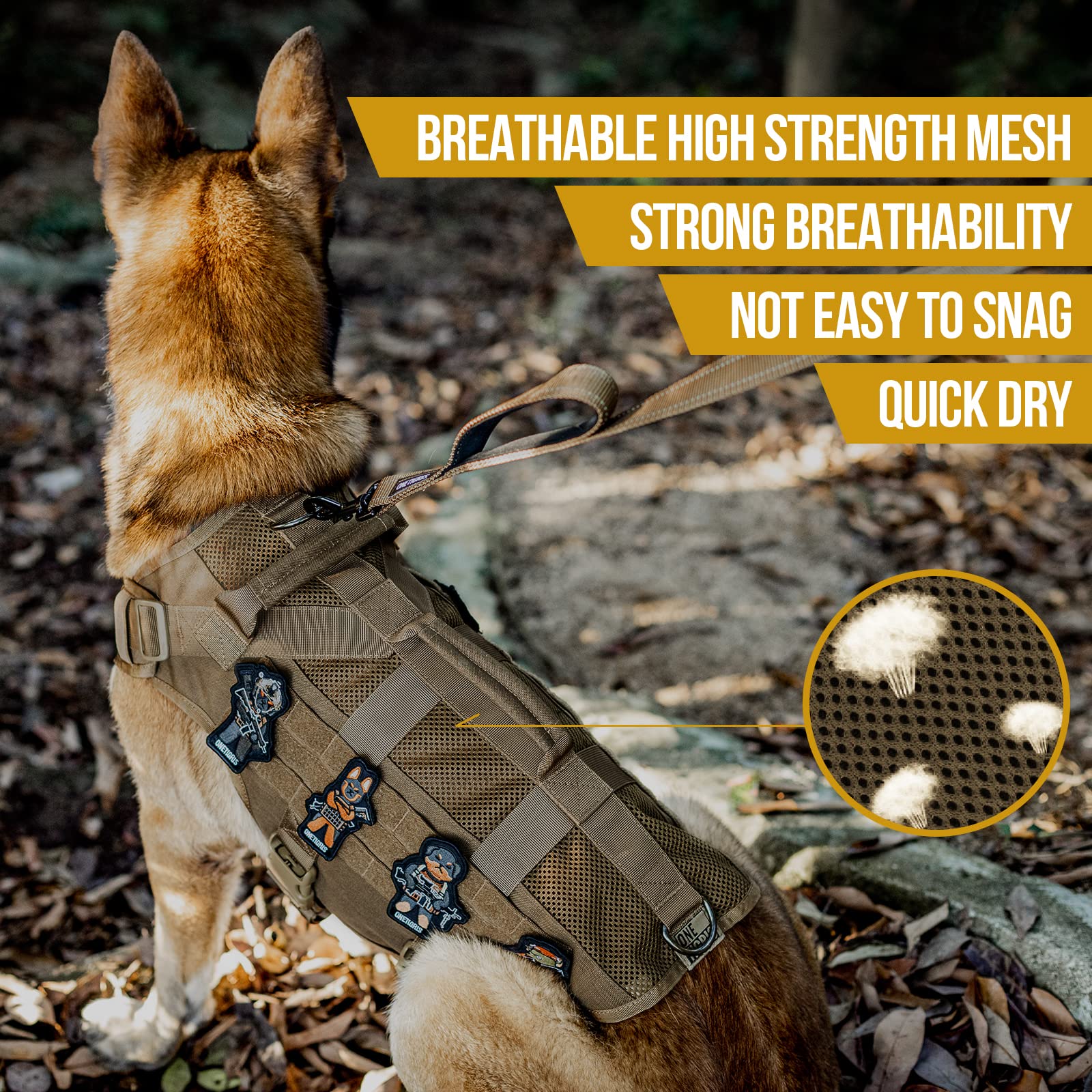 OneTigris tactical dog harness D-rings training setup shows front and back control.