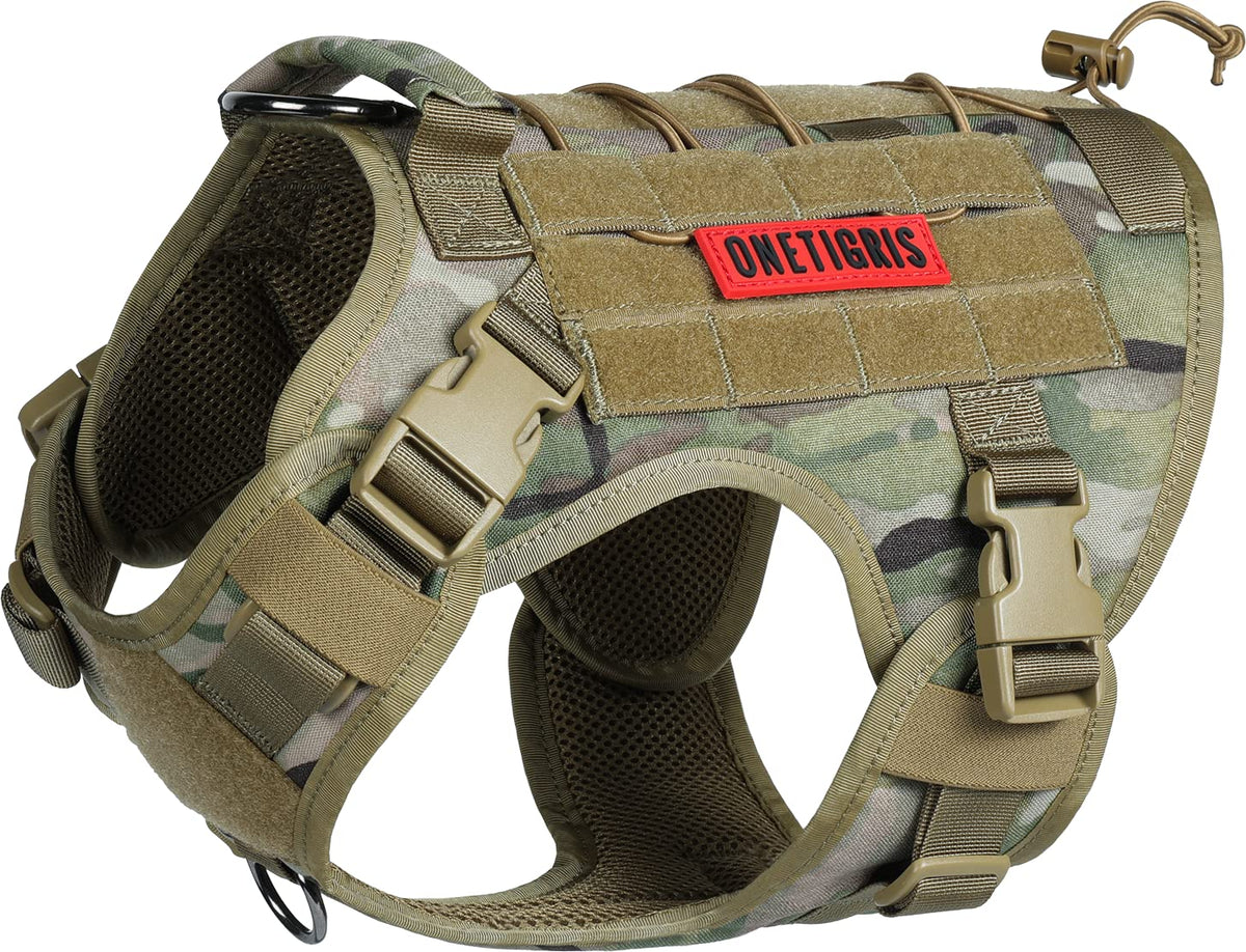 OneTigris tactical dog harness with handle in camo offers secure control during hikes.
