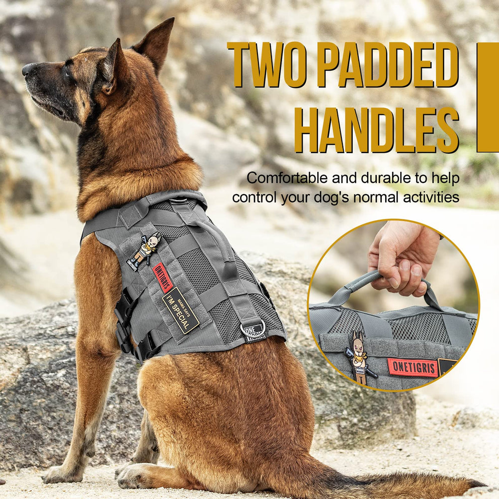 ONETIGRIS tactical dog harness MOLLE attachments support gear like treats and pouches.