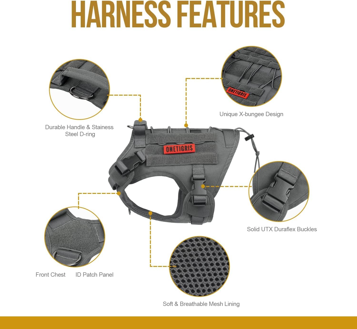 OneTigris harness front V-ring enables controlled leash attachment