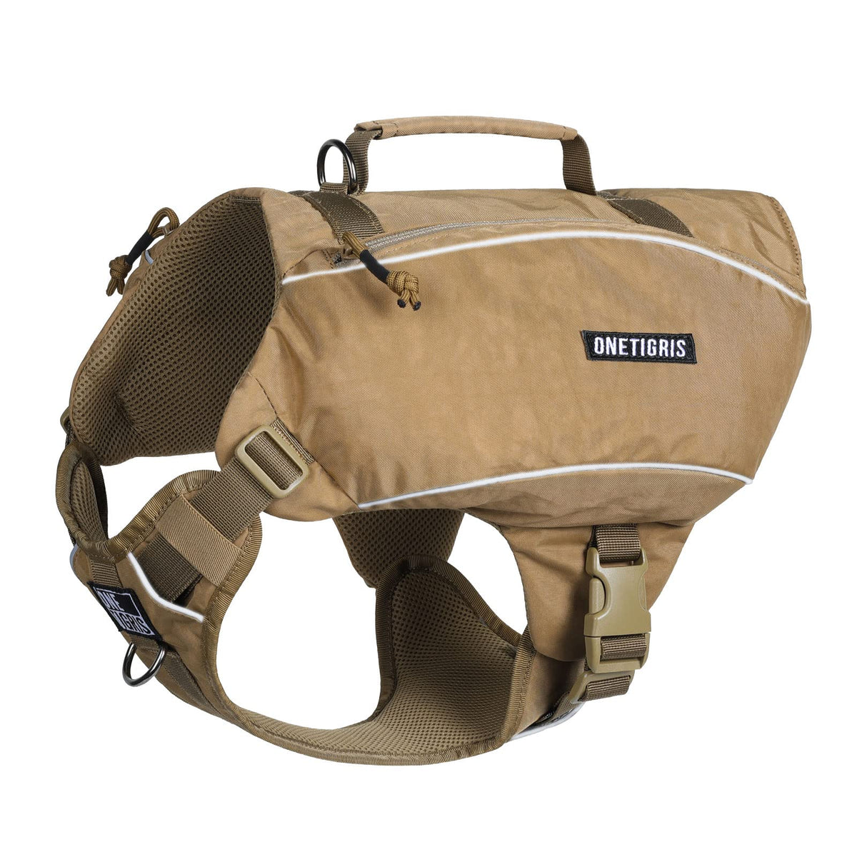 ONETIGRIS Y-shaped dog backpack front-d-ring for quick leash attachment during hikes.