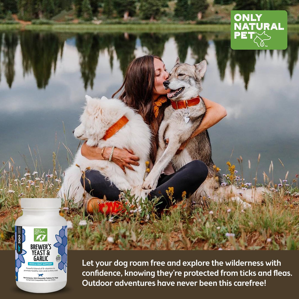Only Natural Pet Brewer's Yeast & Garlic chewables dog enjoying treat promoting coat shine