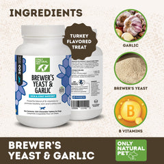 Only Natural Pet Brewer's Yeast & Garlic chewables ingredients jar highlighting all-natural formula for healthy skin