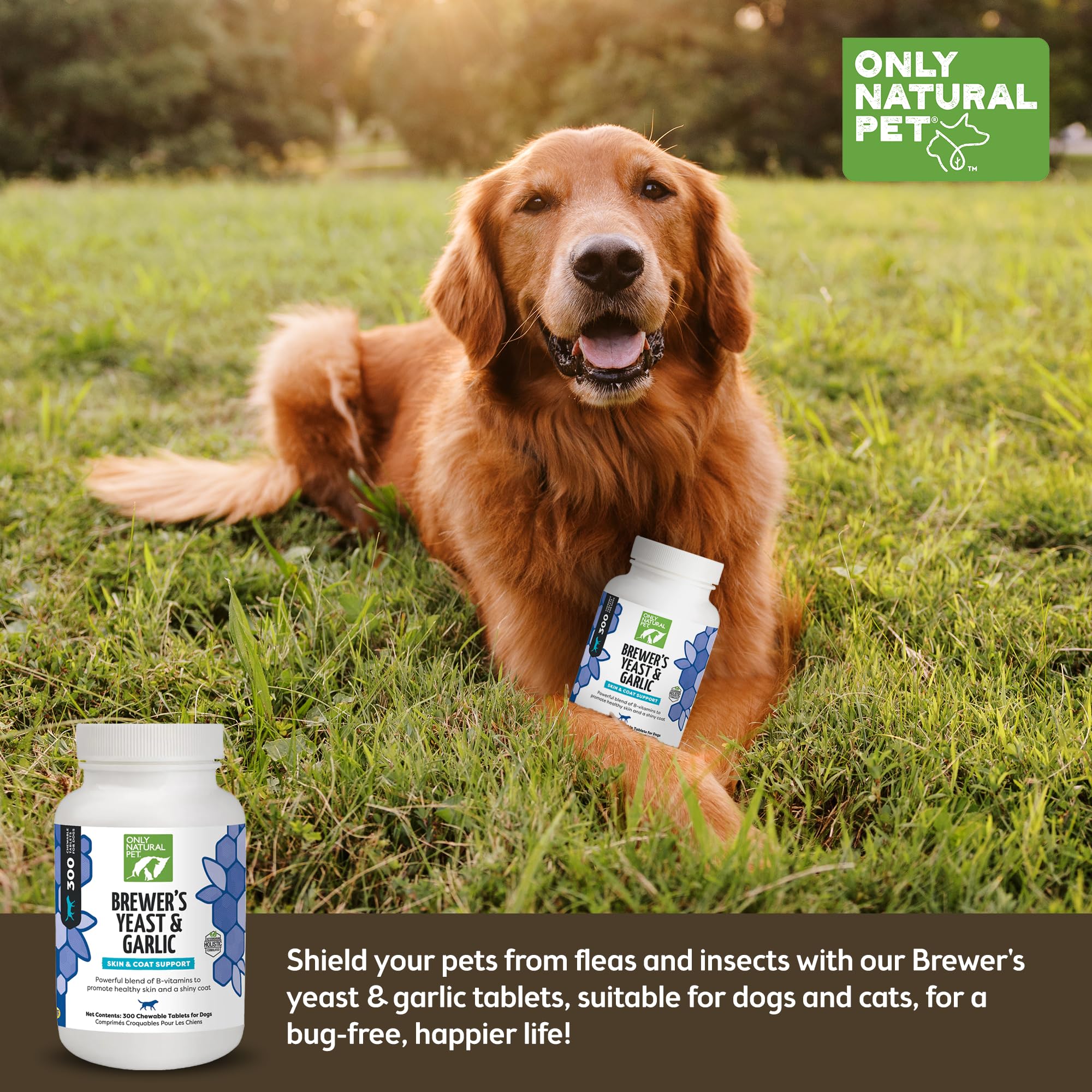 Only Natural Pet Brewer's Yeast & Garlic chewables packaging showing three-pack convenience for ongoing flea defense