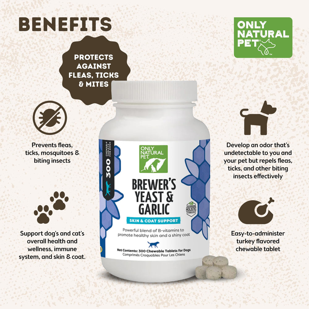 Only Natural Pet Brewer's Yeast & Garlic chewables tablets close-up for simple daily administration