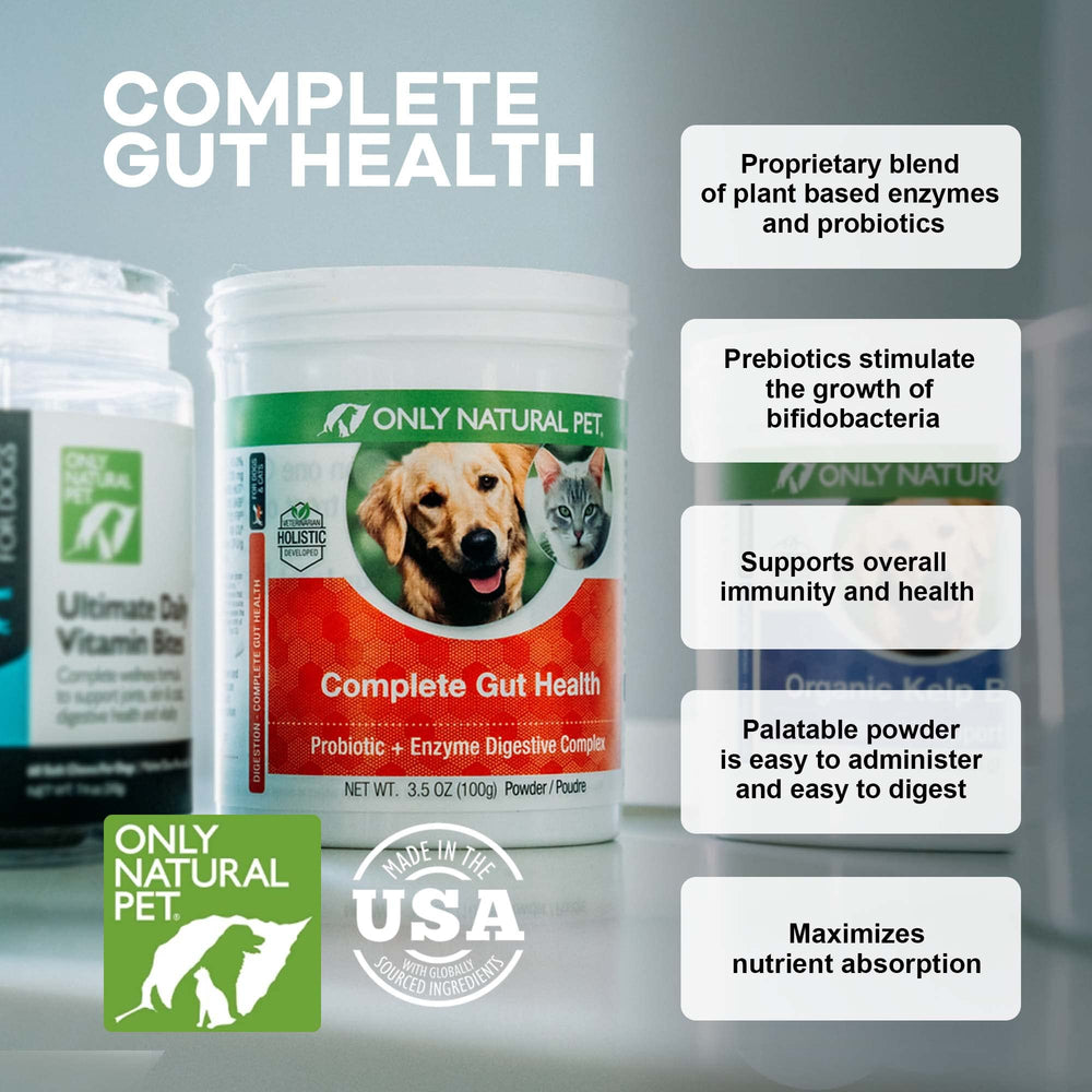 Only Natural Pet Complete Gut Health Complex supports digestion for dogs and cats of all sizes