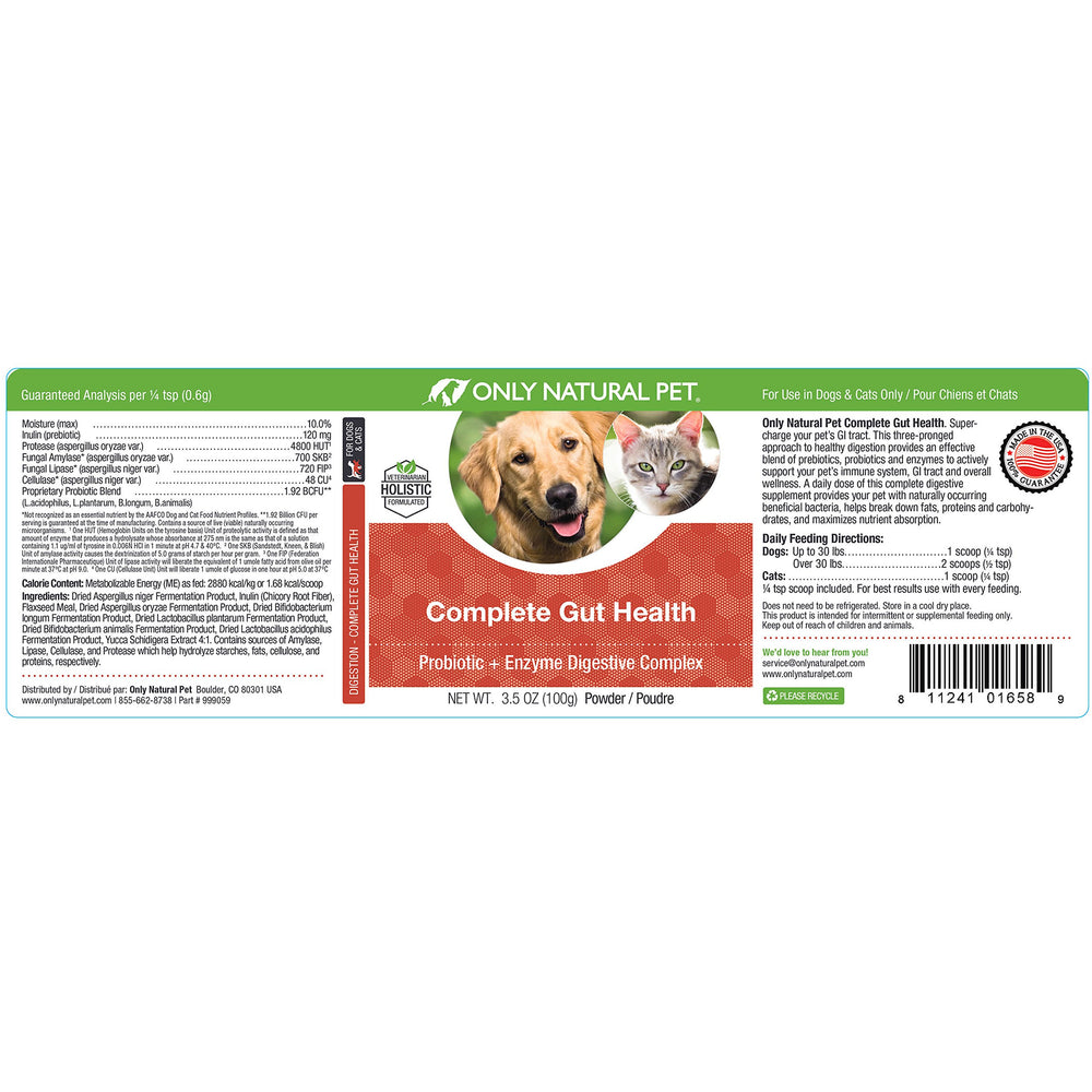 Only Natural Pet Complete Gut Health Complex lab testing seal signals quality control and trusted ingredients