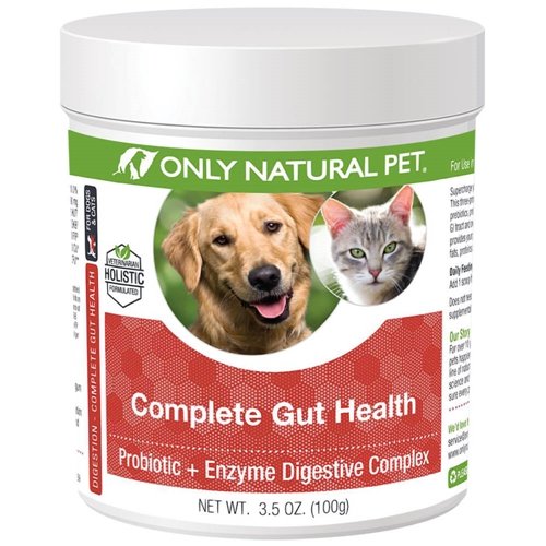 Only Natural Pet Complete Gut Health Complex packaging shows trusted USA-made probiotic blend for pets